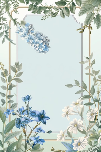 Blue and White Floral Border With Gold Frame