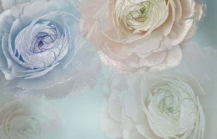 Photo 青い花がついた青と白の花のディスプレイ
