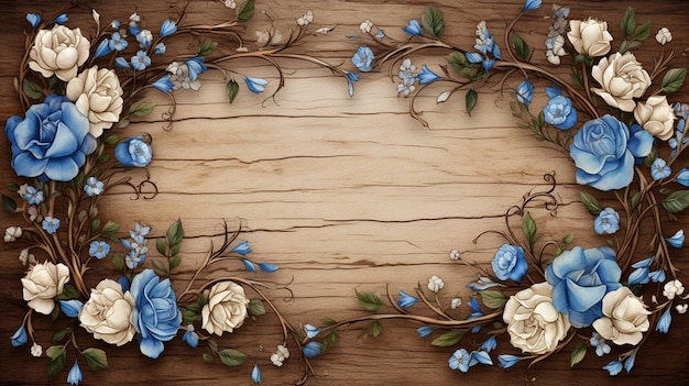 blue and white floral frame on wooden board