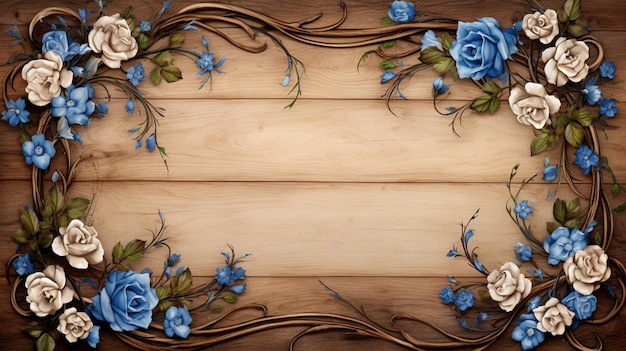 blue and white floral frame on wooden board