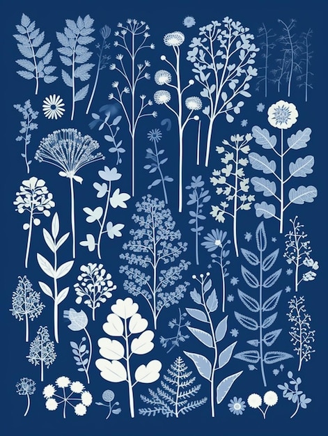 a blue and white floral illustration on a dark blue background. generative ai.