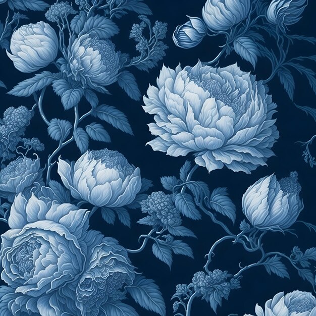 a blue and white floral pattern on a dark background