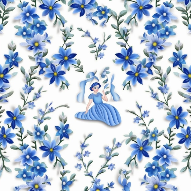 A blue and white floral pattern with a fairy in a blue dress generative ai