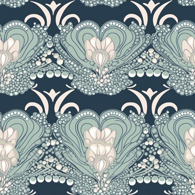 a blue and white floral pattern with hearts on a dark background generative ai