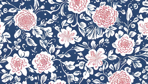 A blue and white floral pattern with pink flowers.