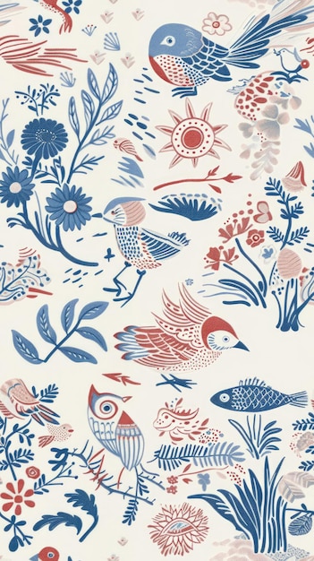 a blue and white floral wallpaper with a bird and flowers