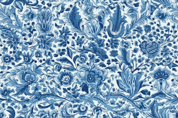 Blue and white floral wallpaper with leaf accents Generative AI