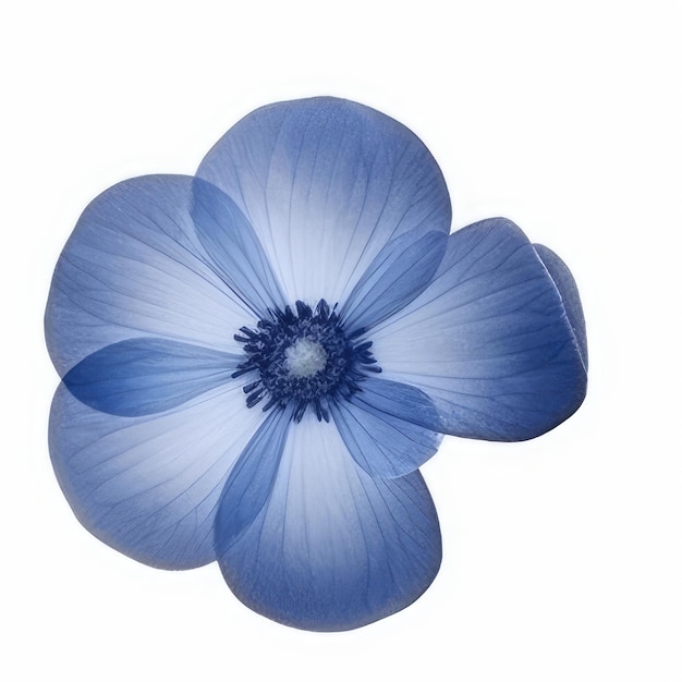 A blue and white flower with a white background