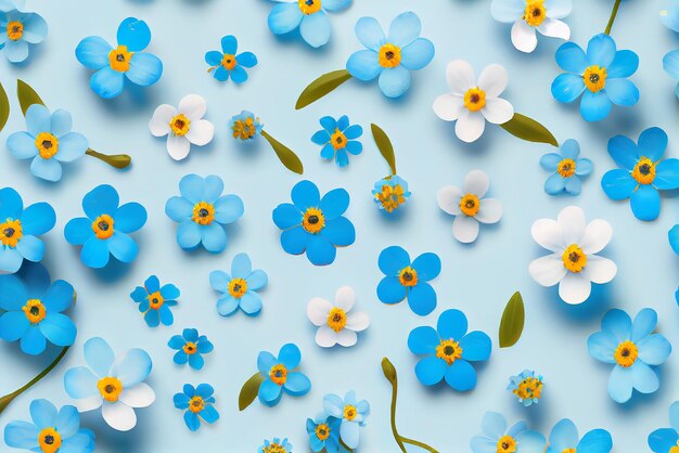 Синие и белые цветы на голубом фоне