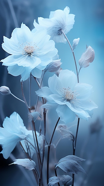 blue and white flowers near the bottom of a plant in the style of light black and light aquamarine