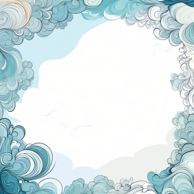 a blue and white frame with swirls and clouds