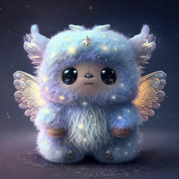 A blue and white furry unicorn with wings and a star on the tail.