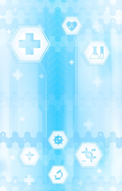 Foto sfondo futuristico blu e bianco con simboli di medicina
