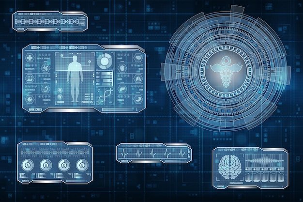 医学のシンボルと青と白の未来的な背景