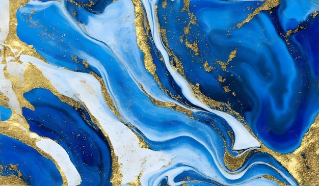 Blue white and gold abstract acrylic background marbling artwork texture gold powder