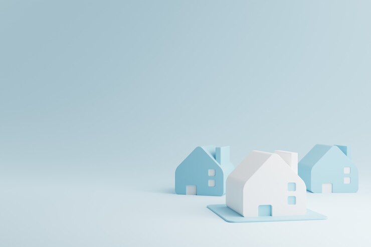 Blue and white houses. Real estate business investment and properties concept. 3D rendering