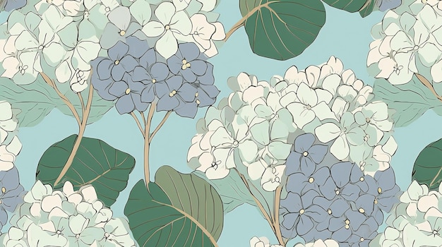 A blue and white hydrangea is shown with green leaves and the word hydrangea on the bottom.