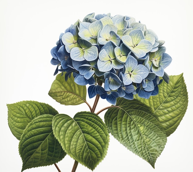 A blue and white hydrangea with green leaves