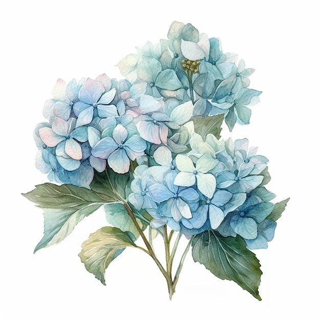 A blue and white hydrangea with green leaves.