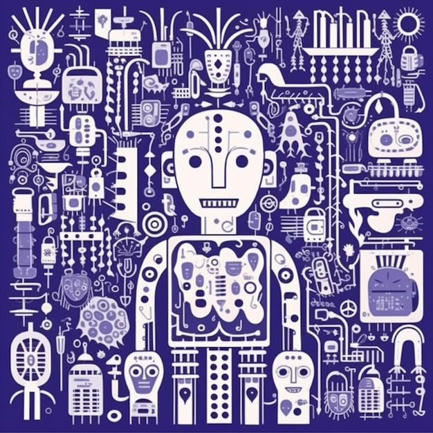 Foto un'illustrazione in bianco e blu di un robot circondato da vari oggetti generativi ai