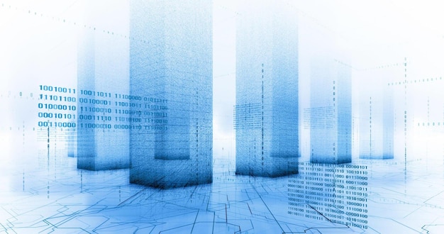 A blue and white image of buildings with numbers on them.