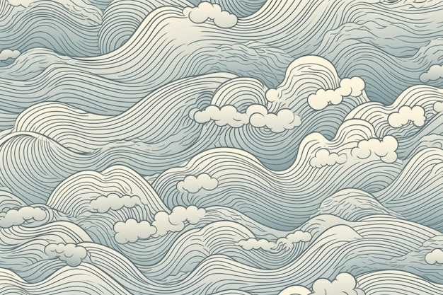 A blue and white japanese style wave pattern with clouds and waves.