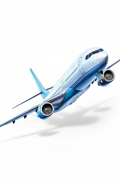 青と白のジェット航空機が車輪を下ろして空を飛んでいます