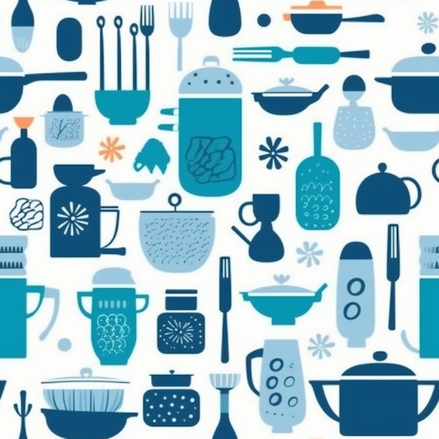 синий и белый кухонный рисунок с различными кухонными приборами генеративный ai