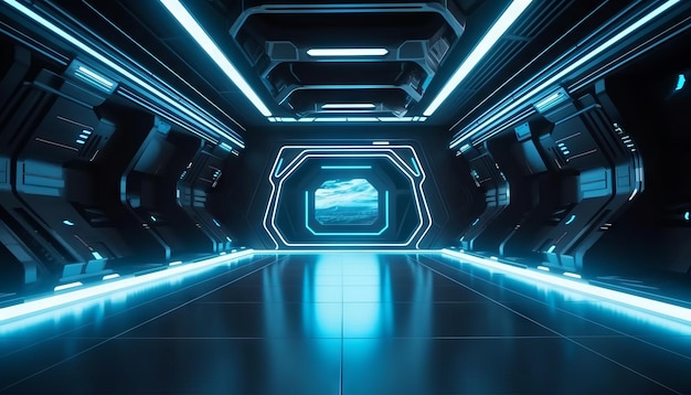 Photo blue white led lights sci fi futuristic modern spaceship dark tunnel corridor generative ai