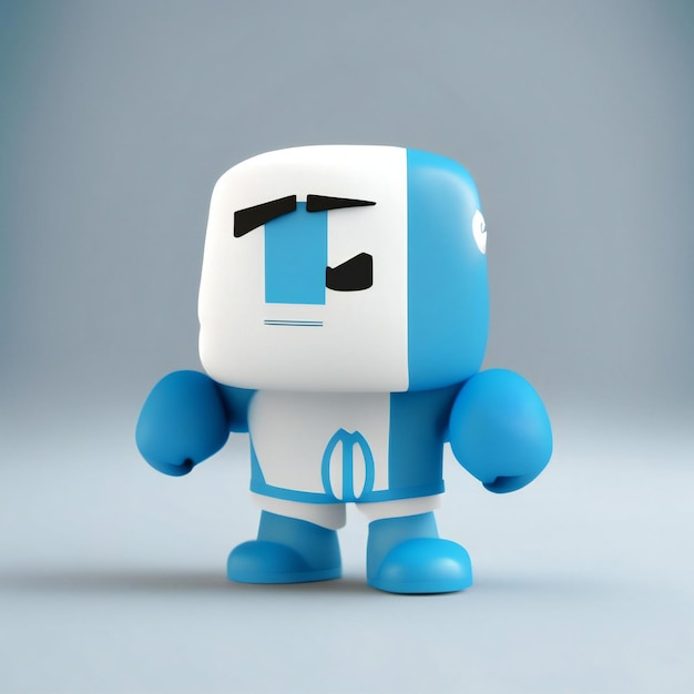 a blue and white lego character with a white shirt and blue shorts.