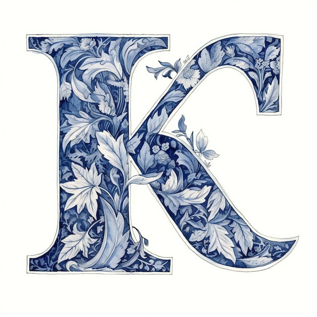 A blue and white letter k with leaves and flowers