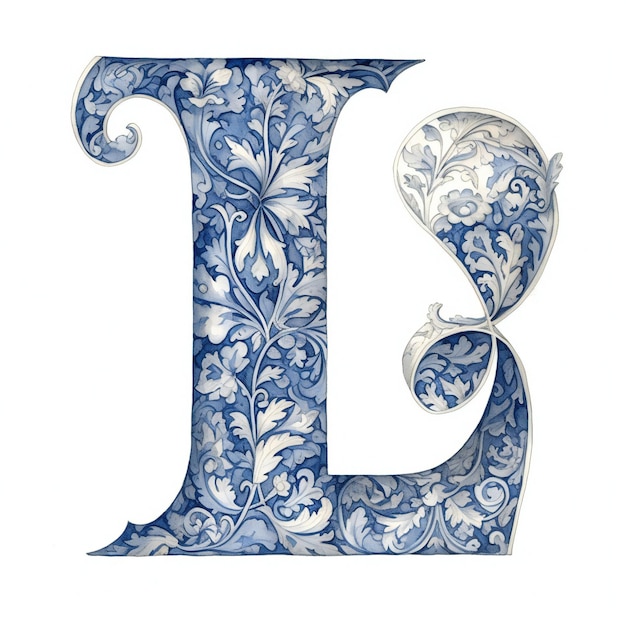 A blue and white letter l with floral patterns