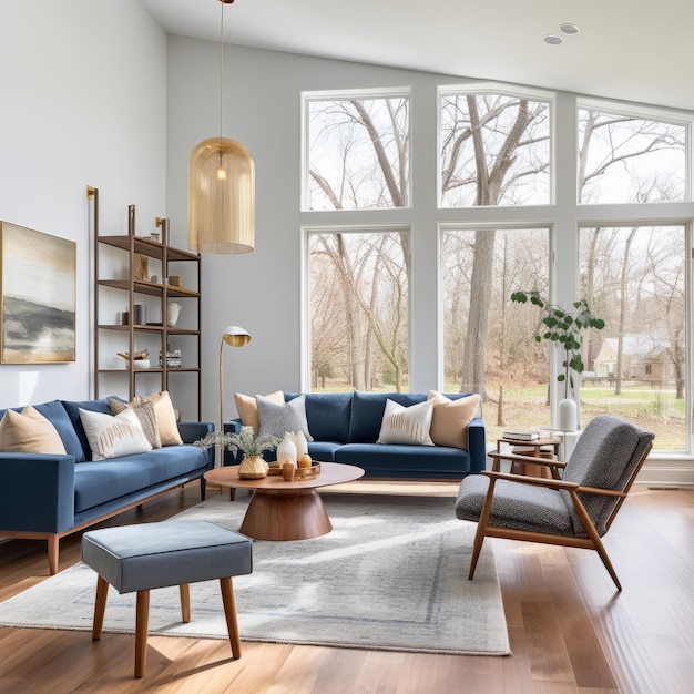 Photo blue and white living room with large windows