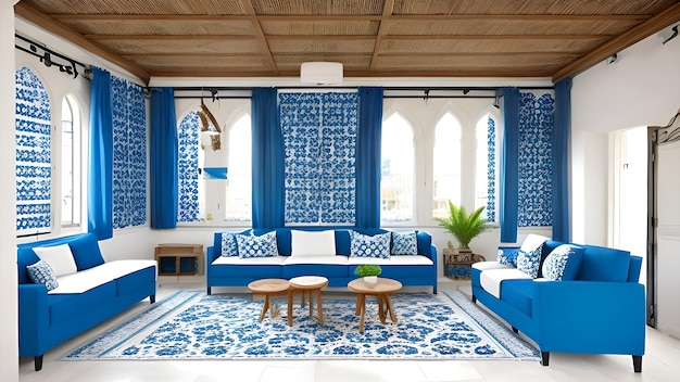 Blue and white living room with a sofa and a blue rug