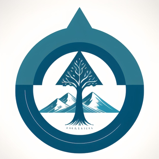 A blue and white logo with a tree and mountains in the background.