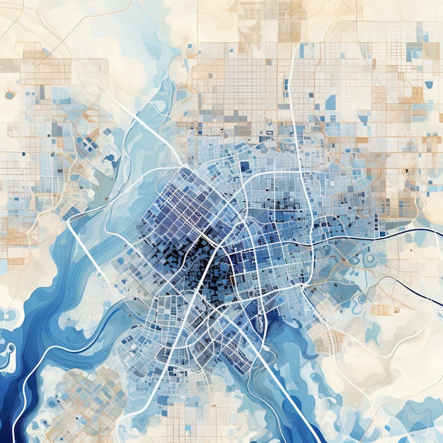 Blue and white map of Austin Texas