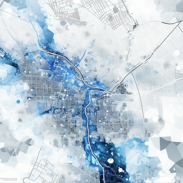 Photo blue and white map of a city with a river running through it