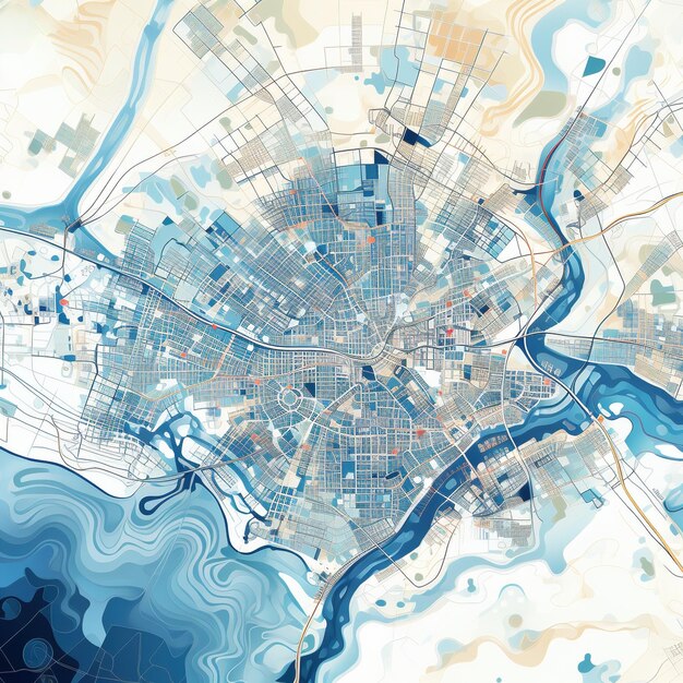 Photo blue and white map of a city