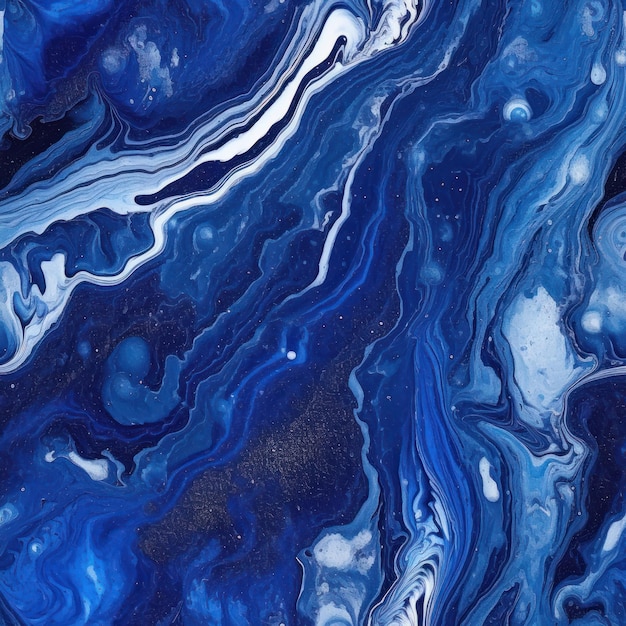 Blue and white marble painting with a black background.