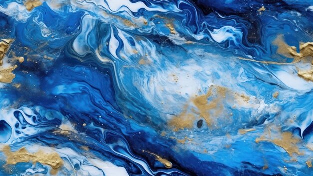 A blue and white marble painting with a gold leaf pattern.