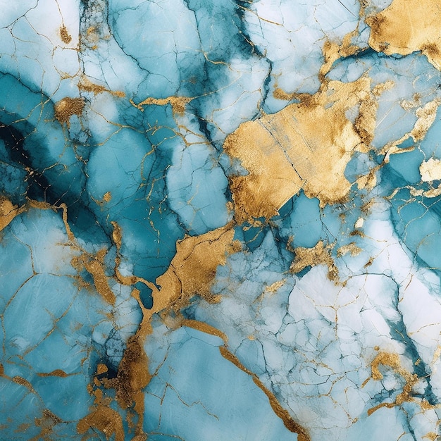 A blue and white marble with a gold speckled background