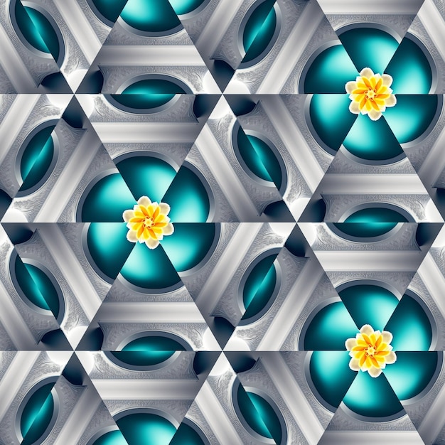 A blue and white mosaic with a flower in the middle.