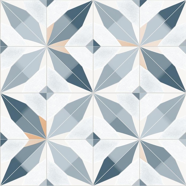 A blue and white mosaic with a pattern of squares and a leaf.