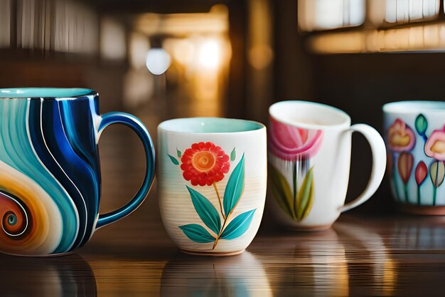 Foto una tazza blu e bianca con un fiore rosso