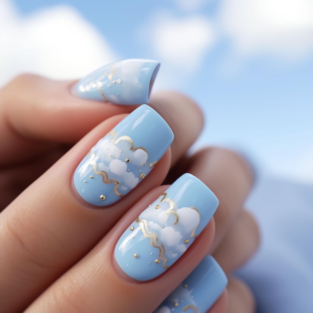 a blue and white nail art design with clouds on it