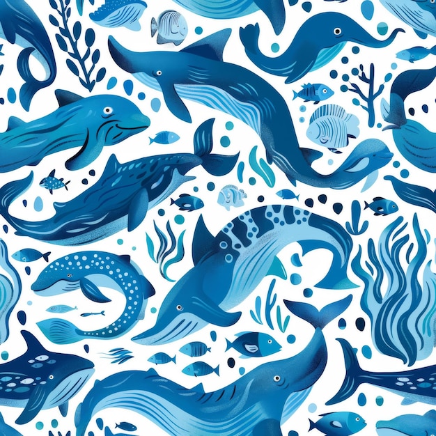 青と白の海の生活パターンとイルカと魚