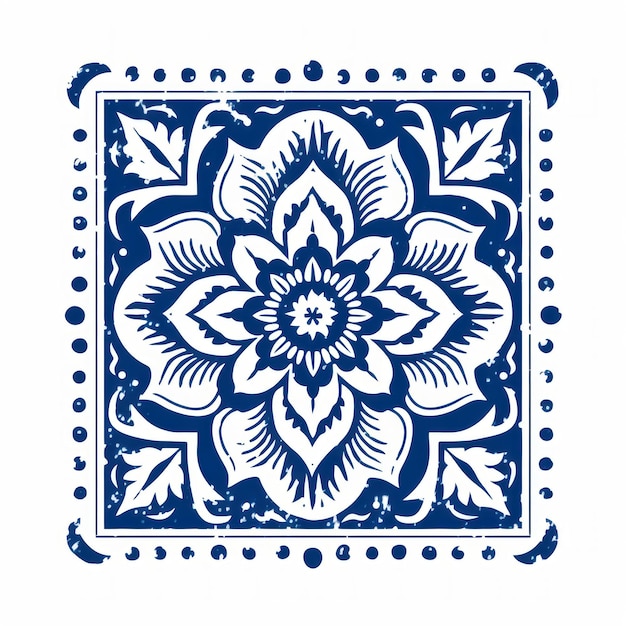 Blue And White Oriental Tile With Flower Stencil Art Inspired Design
