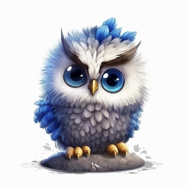 A blue and white owl with big blue eyes sits on a rock.