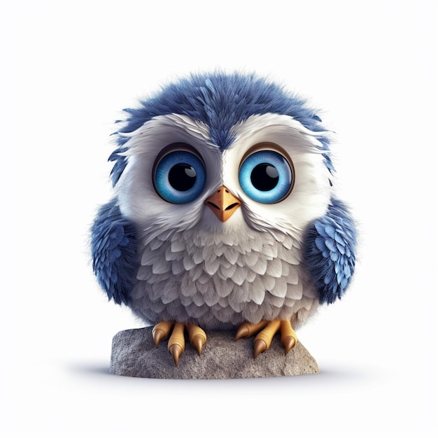 A blue and white owl with blue eyes sits on a rock.