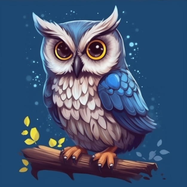 A blue and white owl with yellow eyes sits on a branch.